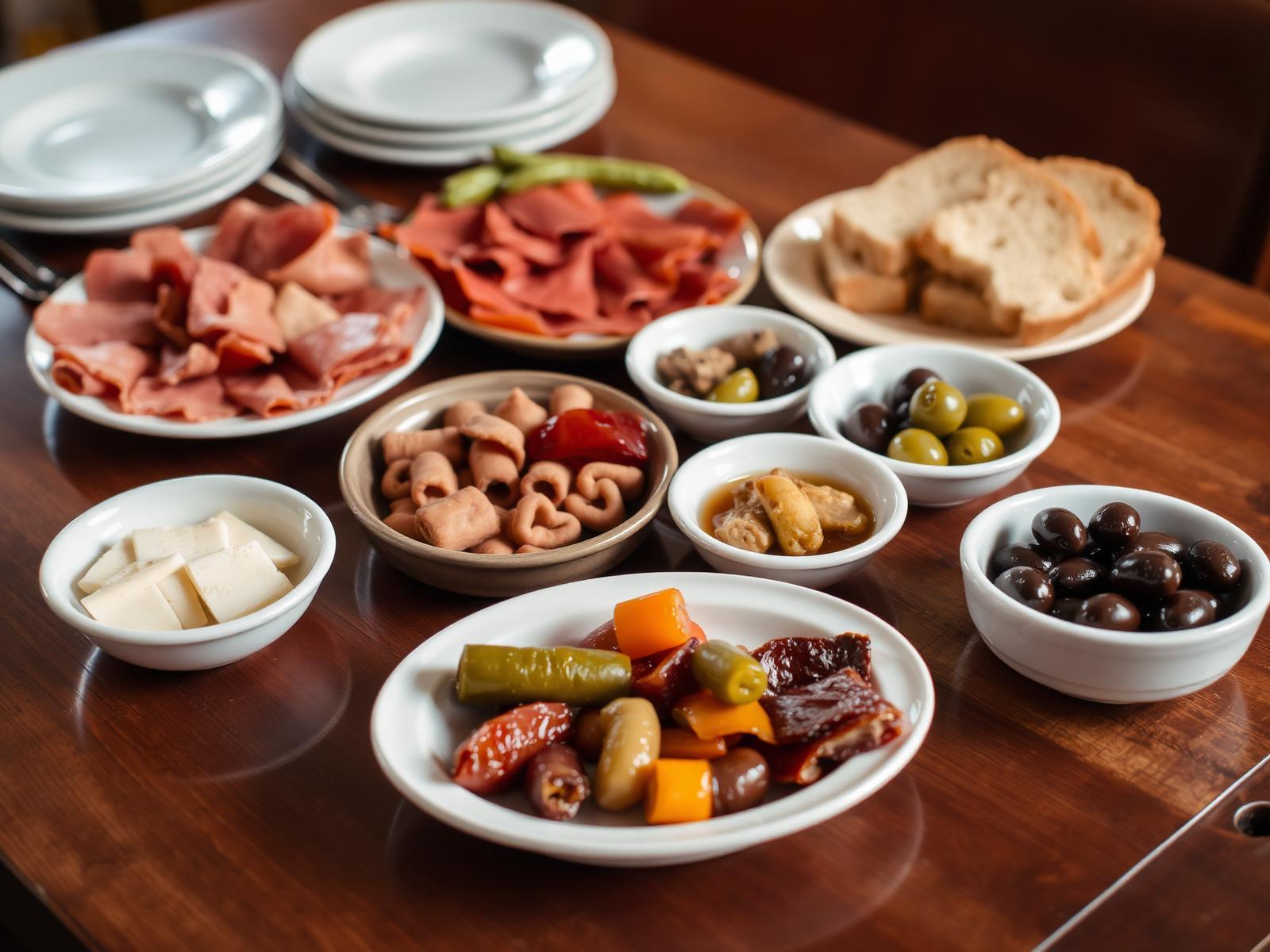 Aperitivi e salumi rumeni disposti su un tavolo di legno