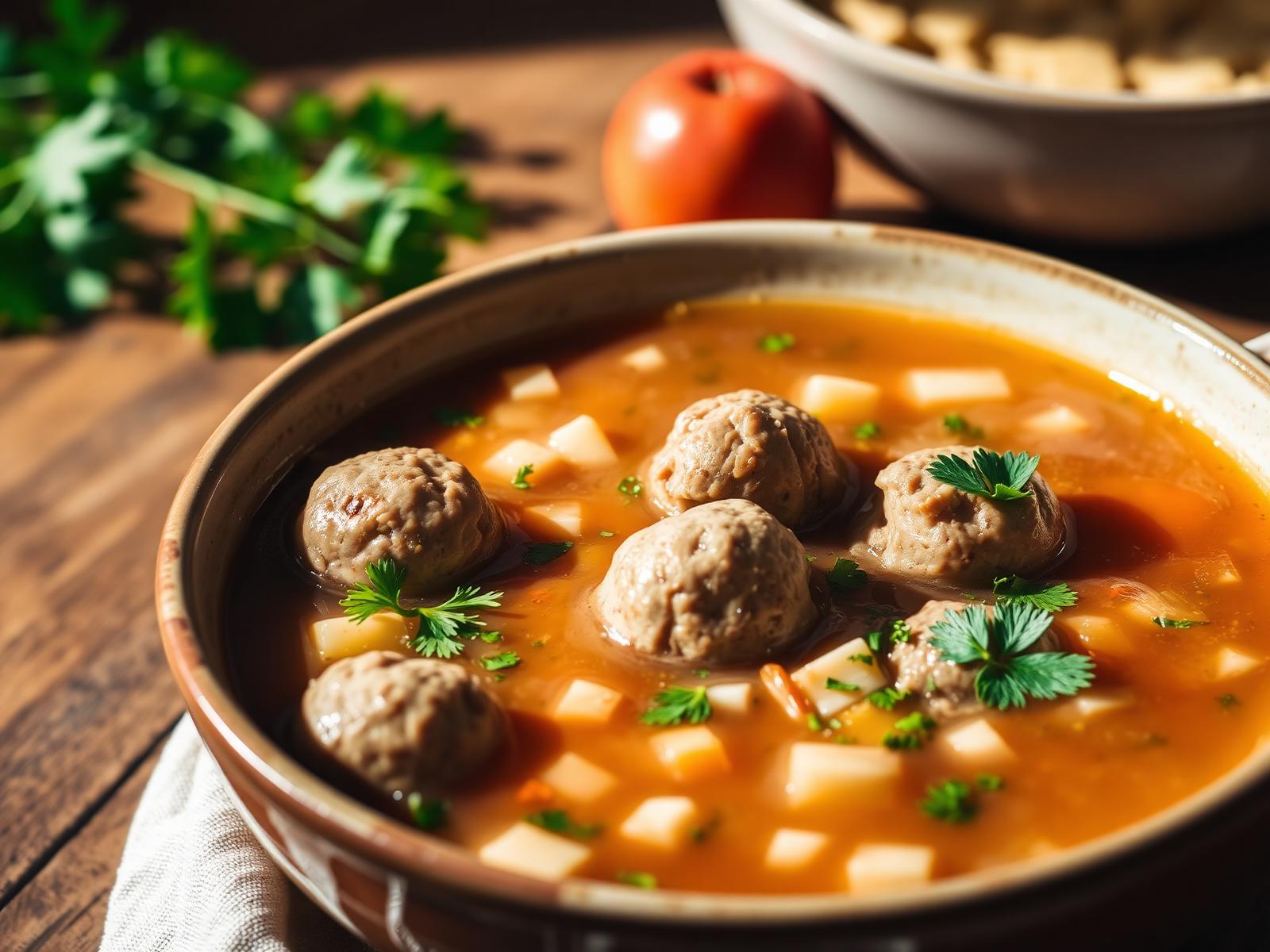 Zuppa rumena di polpettine con verdure e prezzemolo