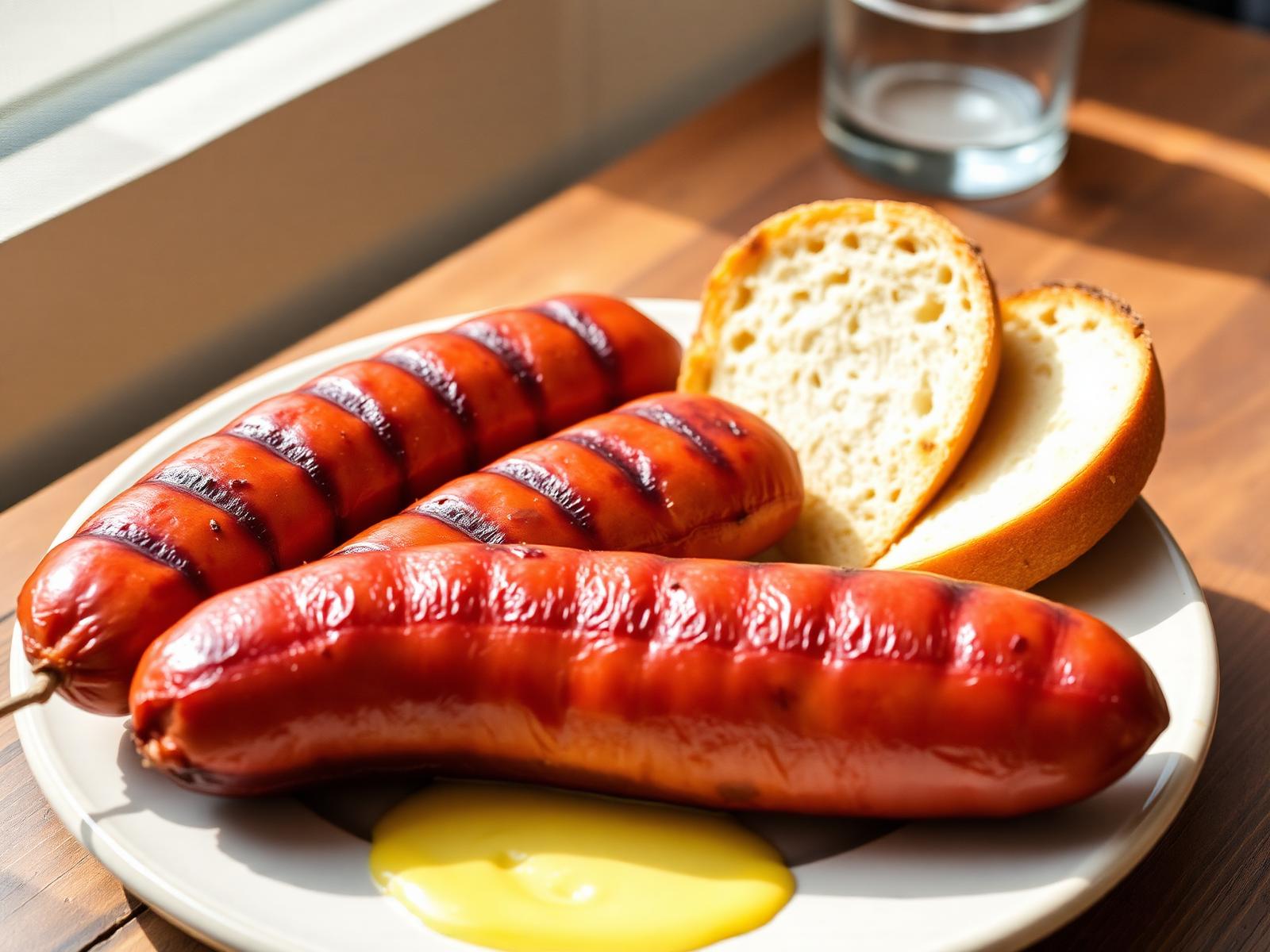 Tre salsicce speziate rumene grigliate con senape e pane