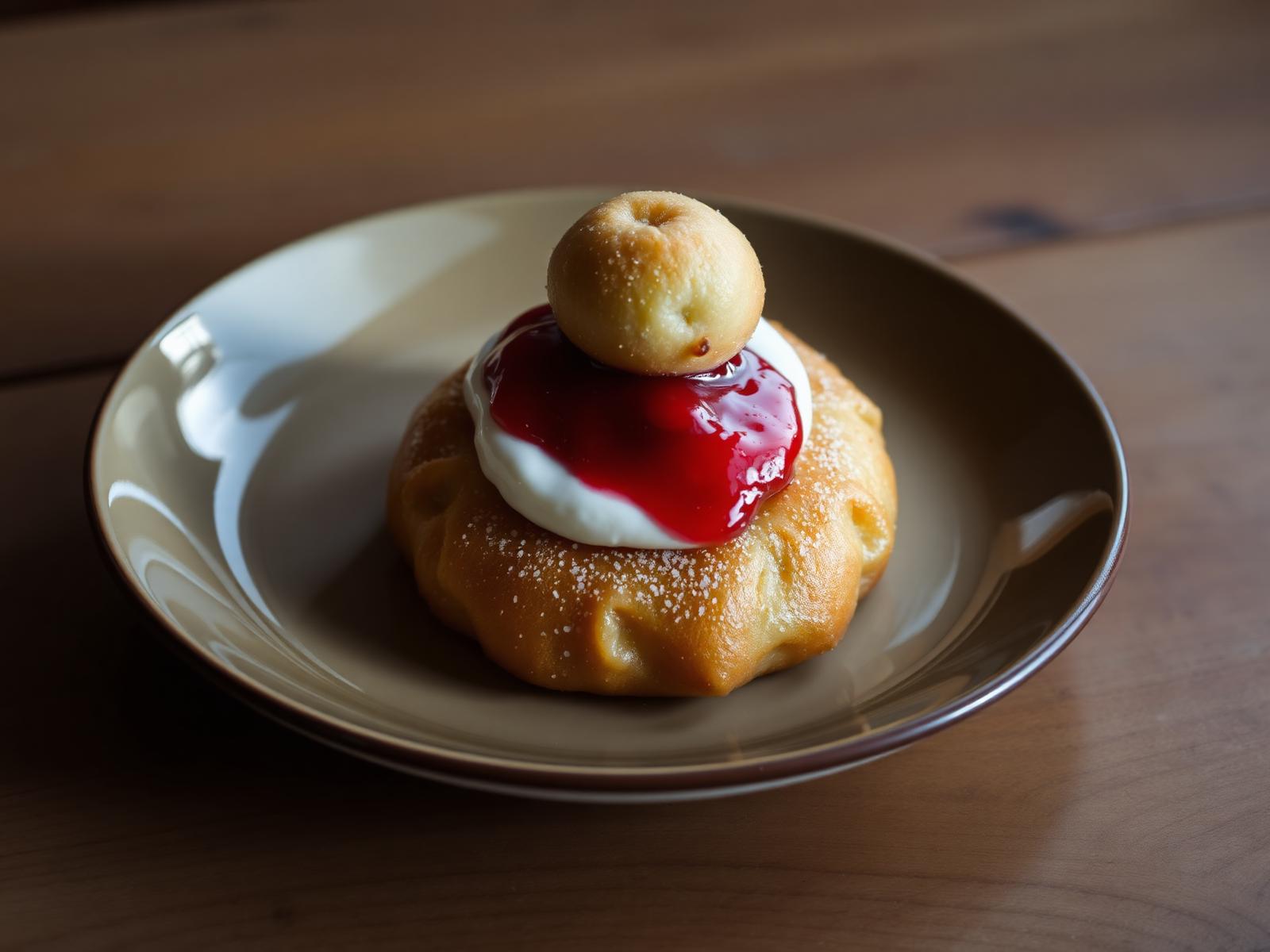 Papanasi rumeni con panna acida e marmellata