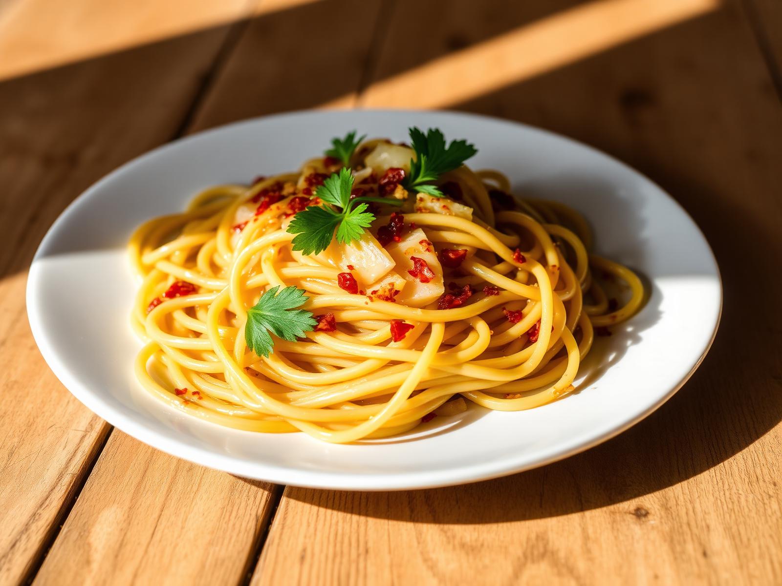 Spaghetti aglio olio e peperoncino con scaglie di peperoncino