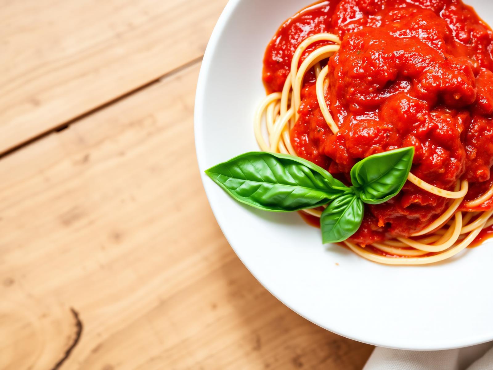 Pasta al pomodoro con foglie di basilico fresco