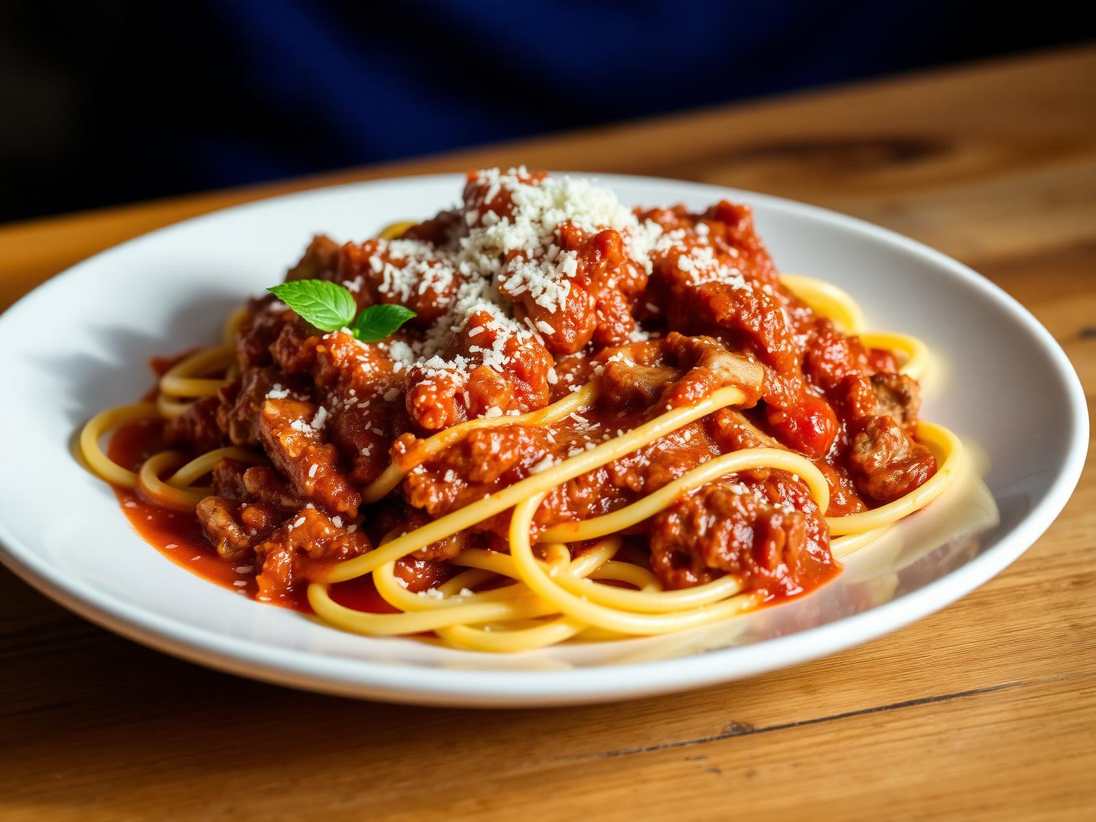 Piatto di pasta condita con ragù di carne