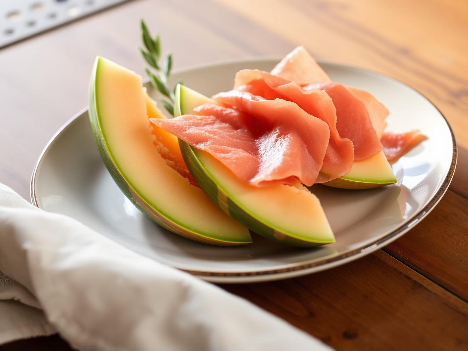 Piatto di prosciutto crudo con spicchi di melone giallo fresco