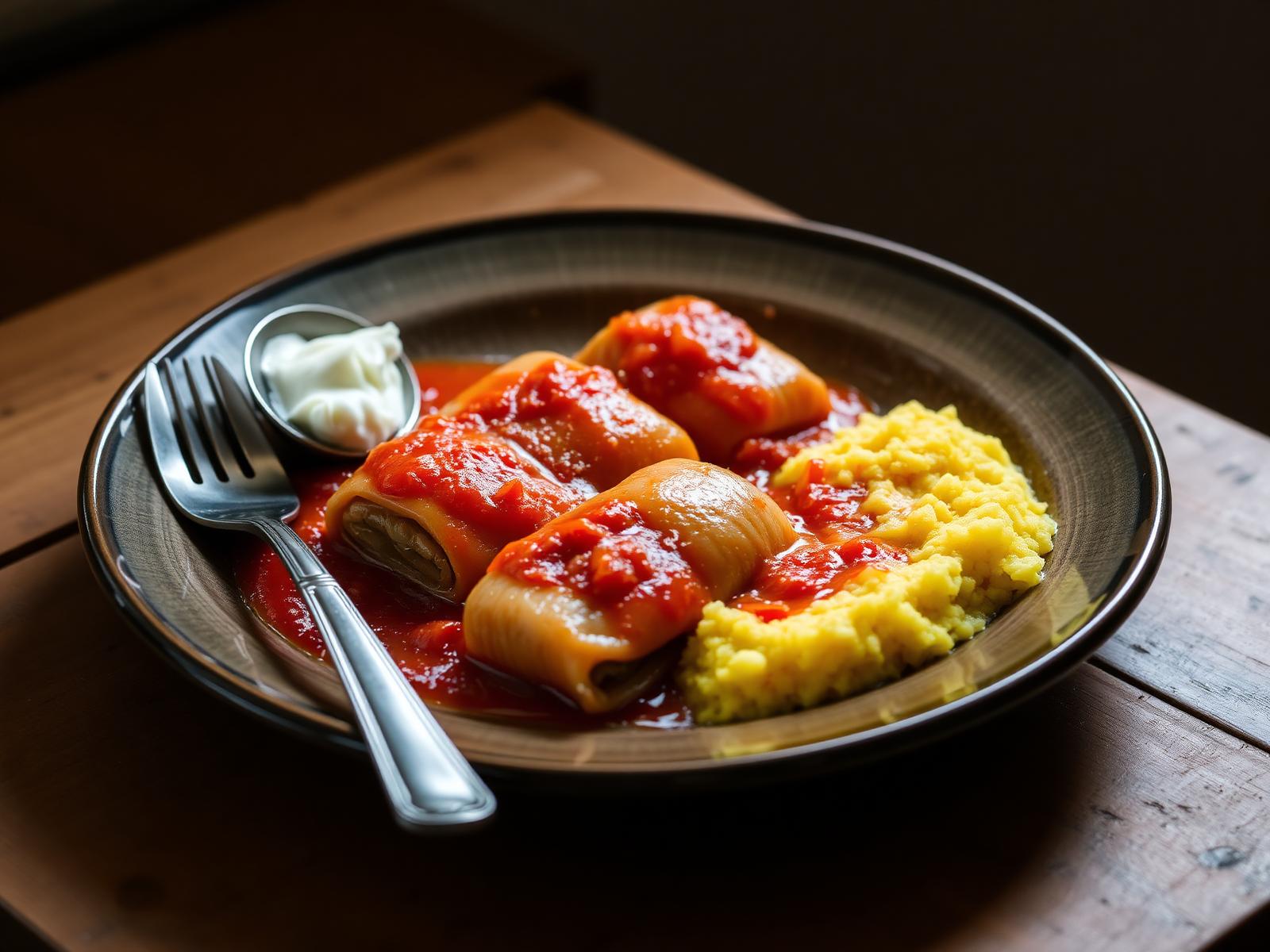 Sarmale rumene con polenta in un piatto rustico
