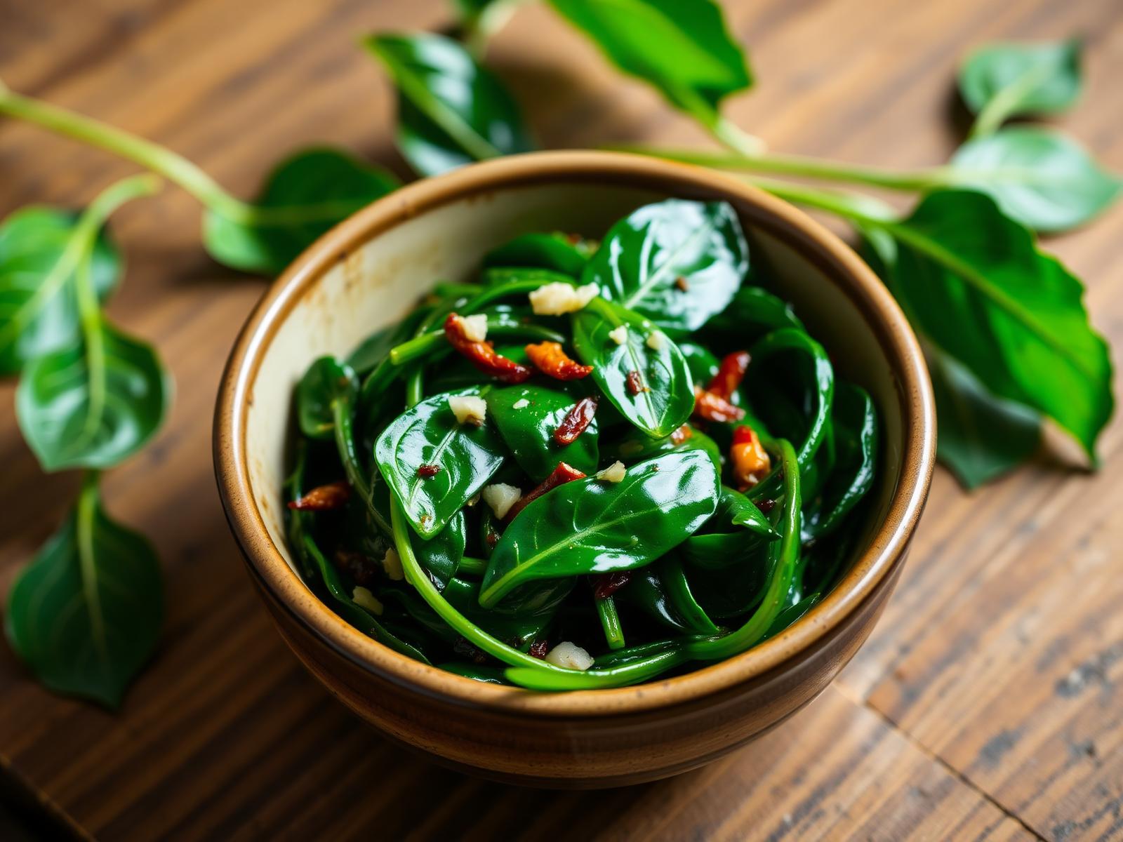 Spinaci saltati piccanti serviti in una ciotola