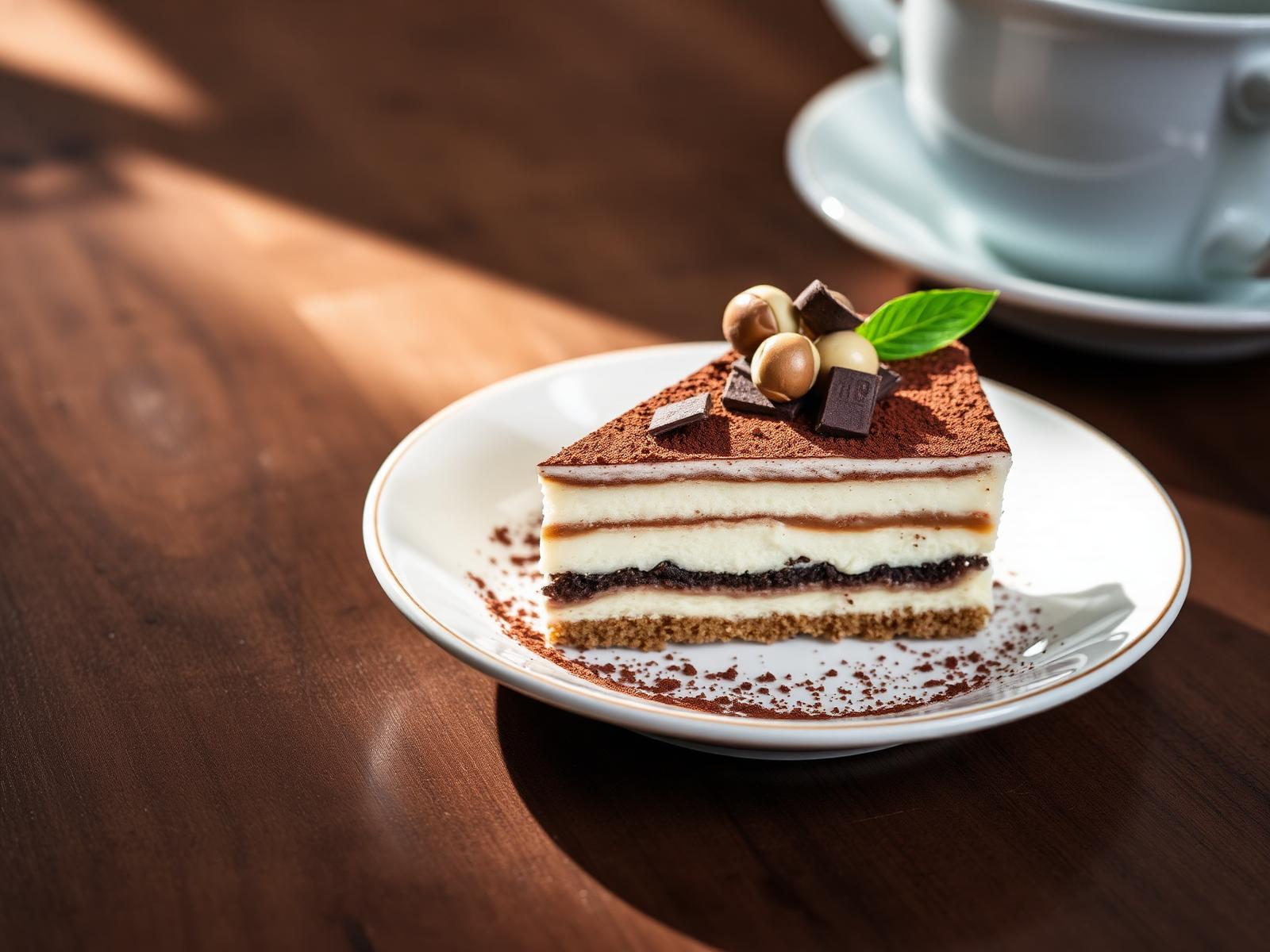 Porzione di tiramisù con cacao, cioccolato e nocciole