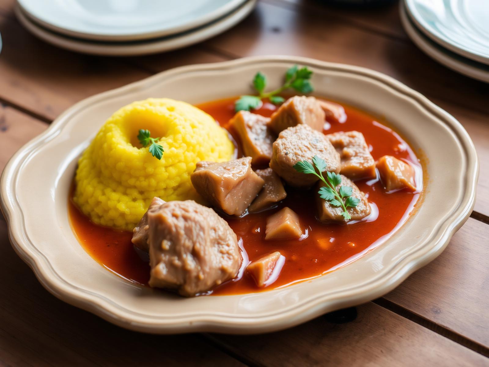 Spezzatino moldavo di carne servito accanto alla polenta